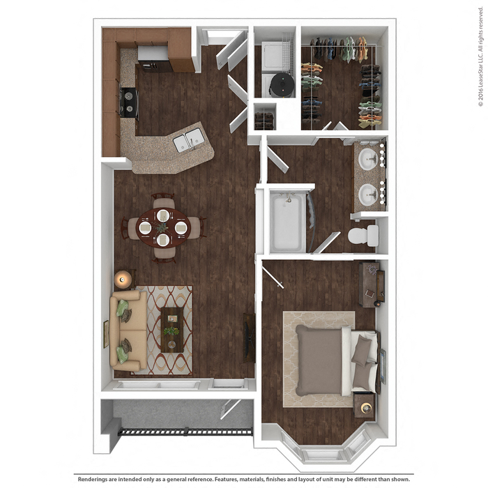 Floor plan for 1 bed, 1 bath, 754 sqft
